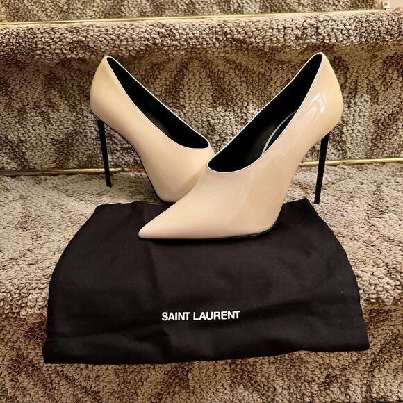 EEUC Saint Laurent Teddy Ivory Patent Leather Stiletto Heel Pumps Shoes Sz 39.5 - Picture 7 of 10